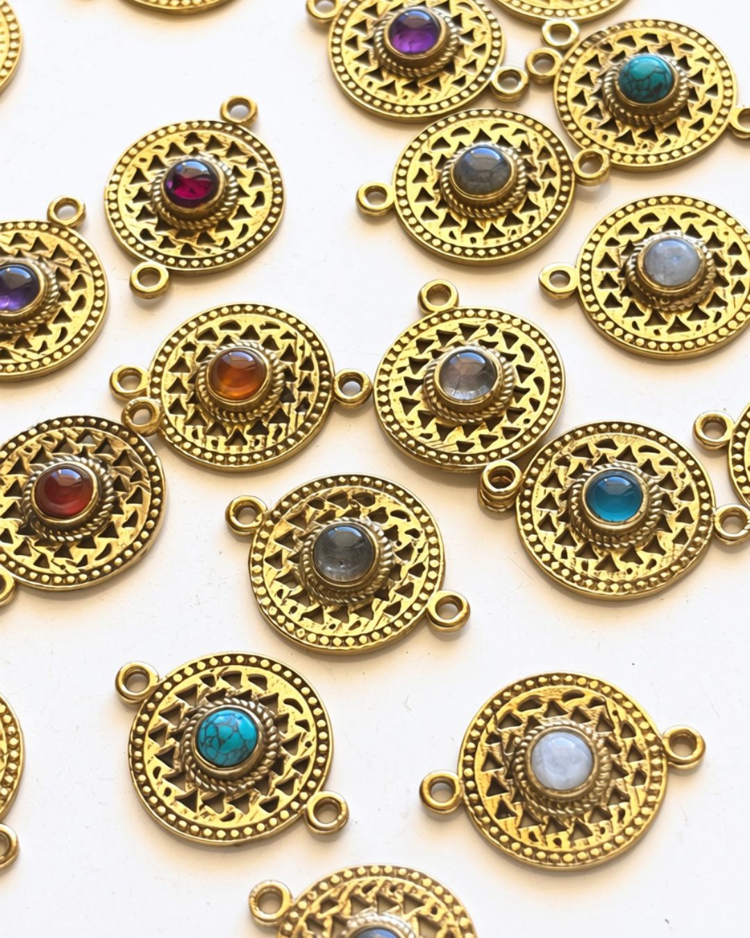 Ornate Circle Brass Connectors with Round Gemstone - Image 3