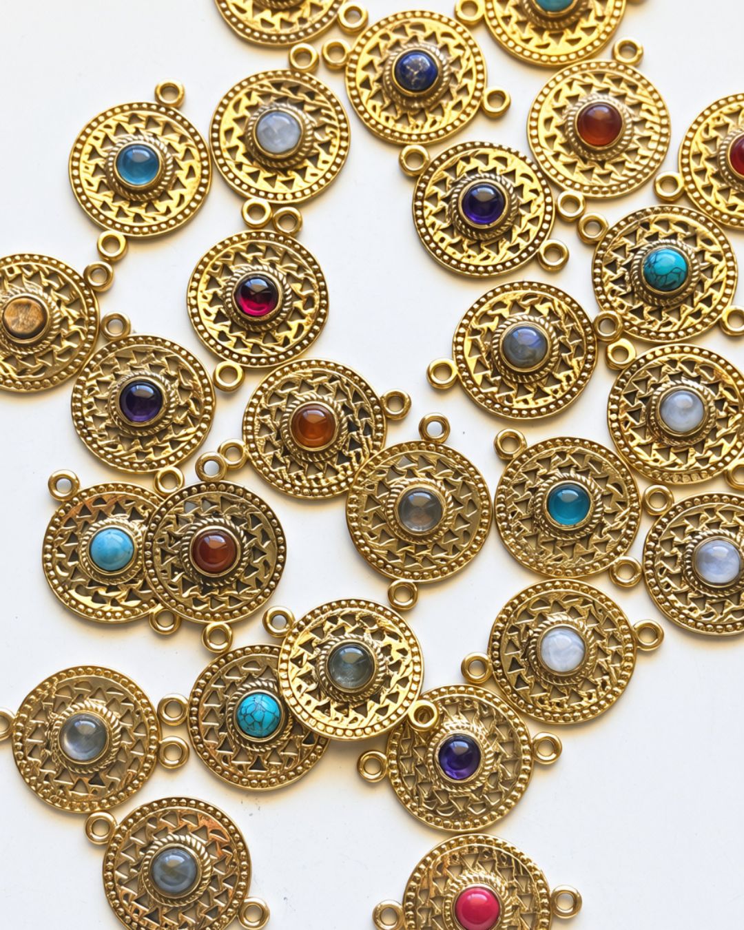 Ornate Circle Brass Connectors with Round Gemstone