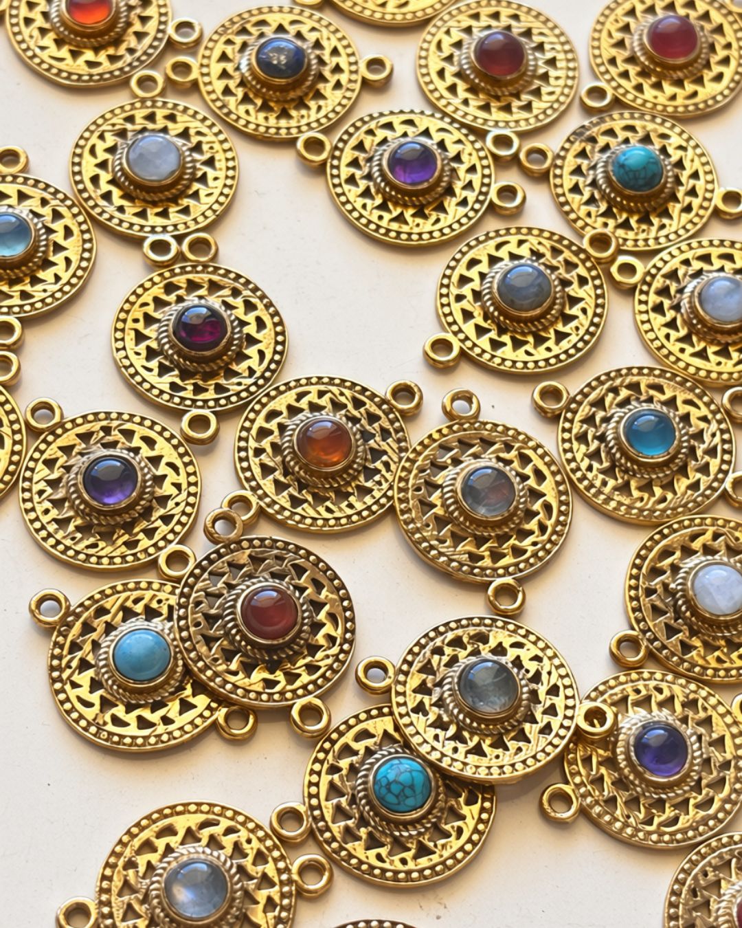 Ornate Circle Brass Connectors with Round Gemstone - Image 4