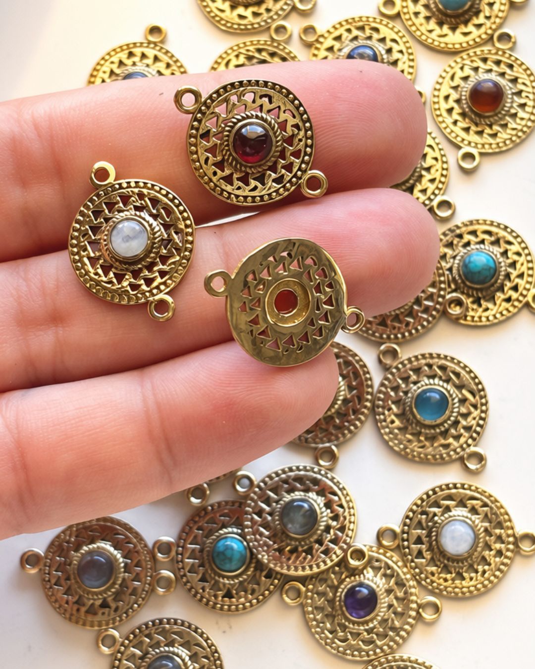 Ornate Circle Brass Connectors with Round Gemstone - Image 5